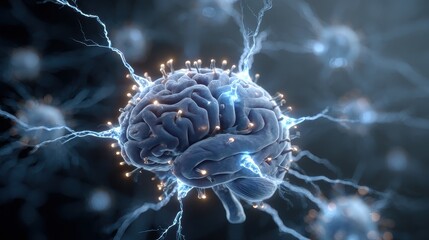 Human brain surrounded by virus-like nodes and electric lines, covid, neurological impact representation.