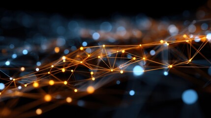 Abstract tech network data connections with orange, blue glowing dots, lines. Artificial intelligence neural network, machine learning, cloud computing concept. Digital transformation strategies,