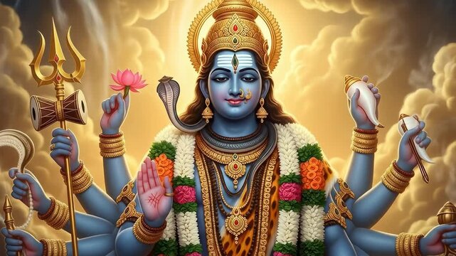 Divine multi-armed deity in golden clouds holding sacred symbols, radiating spiritual power and divine presence.