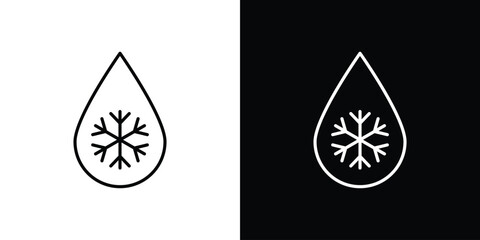 Water Drop Icon with Snowflake, Isolated on White and Black Backgrounds