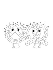 Cute Cartoon Pretzel Connect the Dots Coloring Page for Kids – Fun Printable Activity Worksheet, Educational Dot to Dot Puzzle, Kawaii Food Line Art Illustration for Children
