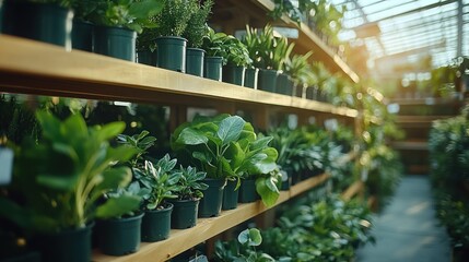 Plant shop shelves with many potted plants