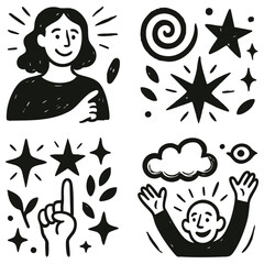 Emotional abstract hand-drawn illustrations set – expressive black and white art of human emotions with retro ink texture for posters, covers, editorials.