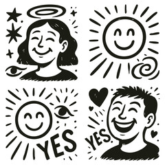 Emotional abstract hand-drawn illustrations set – expressive black and white art of human emotions with retro ink texture for posters, covers, editorials.