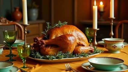 Thanksgiving dinner table setting with roasted turkey candles and elegant tableware for festive celebration