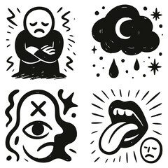 Emotional abstract hand-drawn illustrations set – expressive black and white art of human emotions with retro ink texture for posters, covers, editorials.