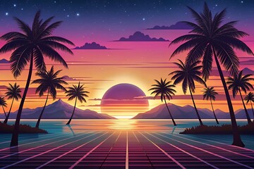Retro sunset over tropical ocean with palm trees and grid
