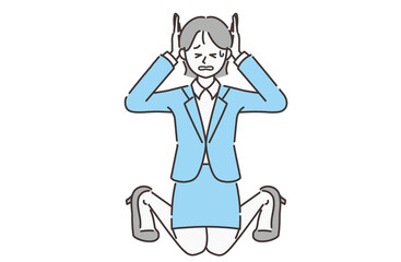 頭を抱える年配のスーツの女性＿全身