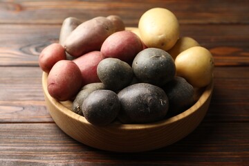 Different types of potatoes in bowl on wooden table, closeup