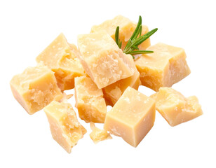 Parmesan cheese cubes isolated on transparent background