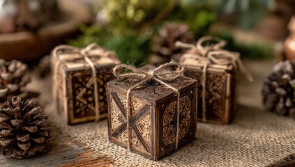 Wooden gift boxes, tied with twine