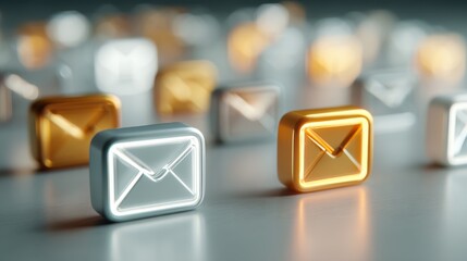 Colorful, stylized email icons set against a blurred background, representing digital communication and messaging in a modern context.