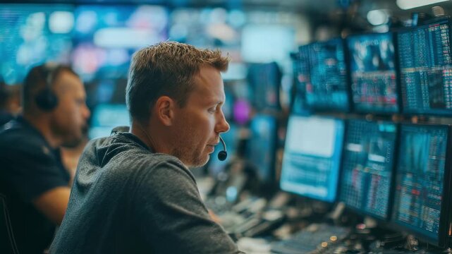 Medium shot of a busy news control room operator analyzing live speech recognition data on multiple screens with outoffocus colleagues in the background highlighting seamless