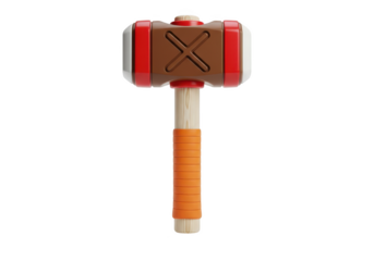 Cartoon hammer with wooden handle and red and brown head isolated on transparent background for construction and repair