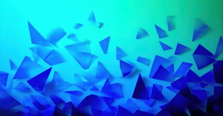 Abstract blue triangles float, creating dynamic composition. Gradient background shifts from dark to light hues. Modern digital art.