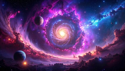 A vibrant, swirling galaxy and nebulae fill the cosmos with otherworldly colors and celestial bodies in this stunning digital art piece.