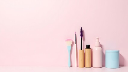 Beauty products flat lay on pink background for skincare and makeup routine essentials and cosmetic tools