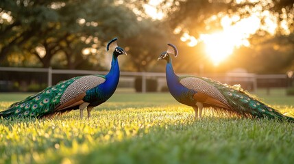 Fototapeta premium Two peacocks in a grassy field, sunset backdrop