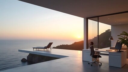 Modern home office with ocean view at sunset luxury real estate design interior architecture inspiration