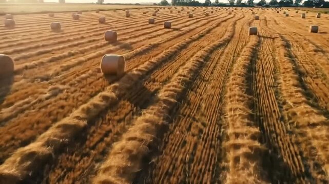 An expansive aerial view of a freshly harvested agricultural field dotted with numerous round hay bales, bathed in the warm, golden light of a setting sun.