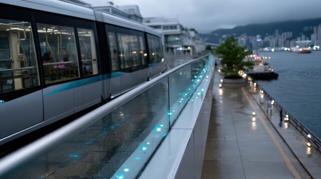 This urban scene captures a tramway illuminated at night, snaking along the waterfront, showcasing a vibrant city atmosphere filled with life and energy against a moody backdrop.