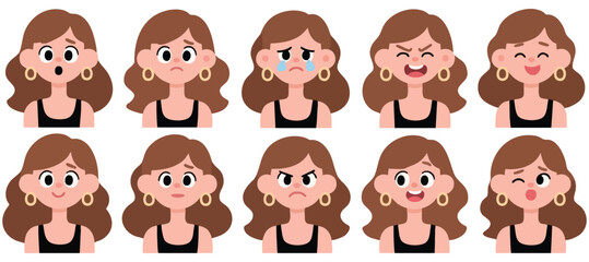 Ten Diverse Female Character Expressions Cartoon Avatar Set for Animation
