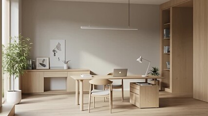 Serene modern home office with light wood furniture, leafy plants, and minimalist artwork