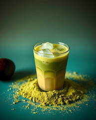 Refreshing Matcha Iced Latte with Ice Cubes and Matcha Powder