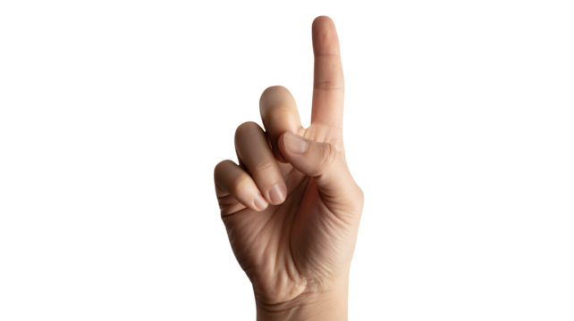 Hand pointing upwards with index finger extended, making a strong visual statement