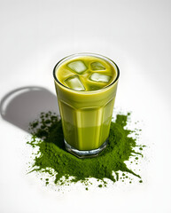 Refreshing Matcha Iced Latte with Ice Cubes and Matcha Powder