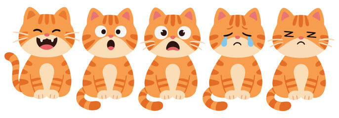 Obraz premium Five Orange Tabby Kittens Showing Different Emotions Cartoon Illustration