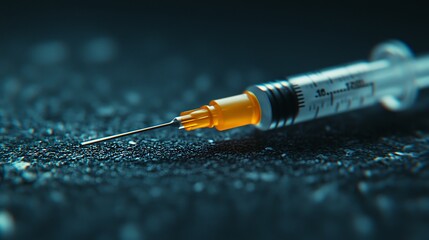 A close-up image of a syringe lying on a textured surface, emphasizing the needle and its details in a dark, moody setting.