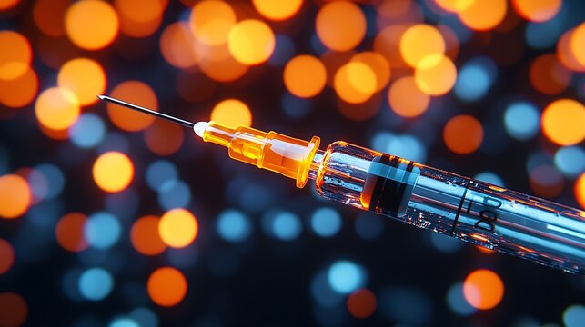 A close-up of a syringe with a vibrant, blurred bokeh background showcasing orange and blue lights, emphasizing a medical or scientific theme.