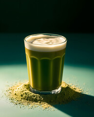 Refreshing Matcha Iced Latte with Ice Cubes and Matcha Powder