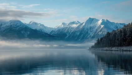 Tranquil winter mountain lake scene