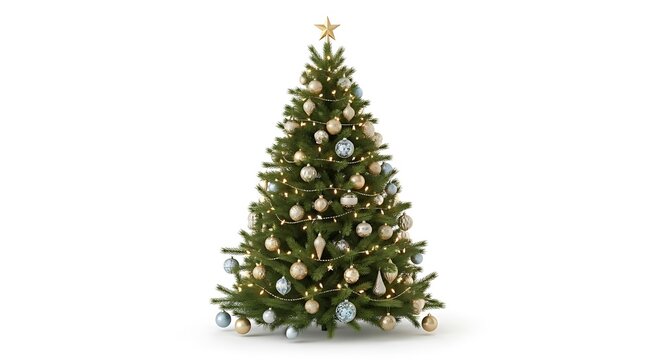 Beautifully decorated christmas tree with ornaments and lights isolated on white background