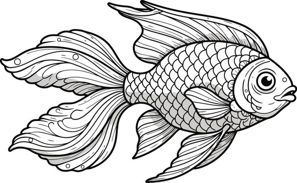 Elegant goldfish illustration black and white line art