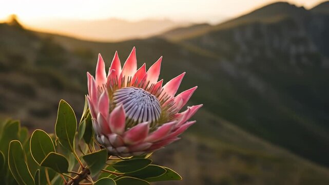 Protea flower blooms, displaying pink petals, against distant mountain ridge at golden hour