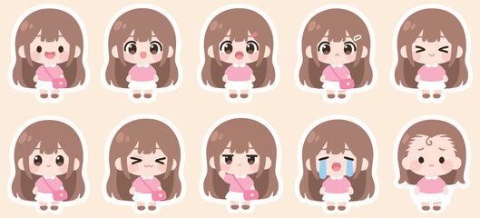 Fototapeta premium Cute Girl Cartoon Character Stickers with Various Expressions