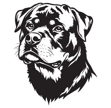 Detailed black and white vector illustration of a rottweiler dog head isolated