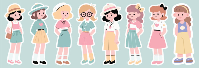 Eight Cute Girls in Pastel Retro Fashion Outfits Illustration