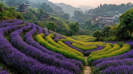 Purple and Green Field on a Hillside