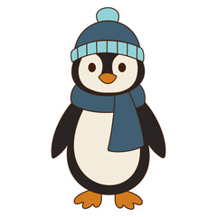 Cute cartoon penguin in a warm winte rblue hat and blue scarf. Perfect for Christmas cards, posters, holiday crafts, scrapbooking, and digital projects.