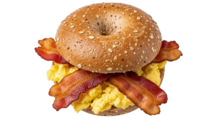 Isolated Bagel with bacon and eggs