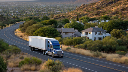 Obraz premium Large blue semi-truck driving along a winding road through a scenic landscape with mountains and greenery, showcasing transportation and logistics in a natural setting