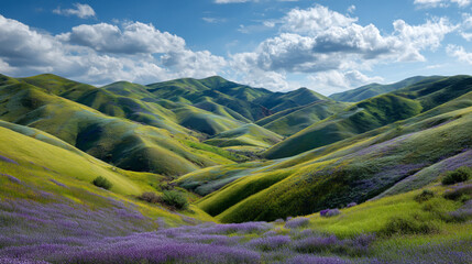 Rolling Green Hills and Lavender Fields under a Blue Sky with Fluffy Clouds in Springtime Landscape