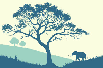 Mann und Elefant unter einem Baum &ndash; druckbare Natursilhouette