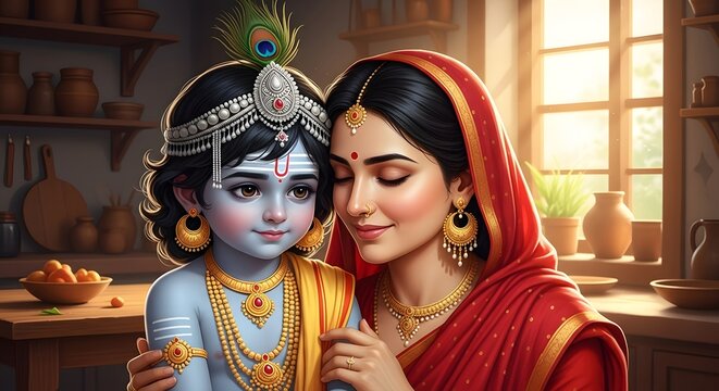 A tender moment between baby krishna and his mother, showcasing the divine bond and maternal love within hindu tradition and spirituality - Powered by Adobe