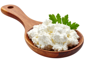 Cottage cheese in wooden spoon isolated on transparent background