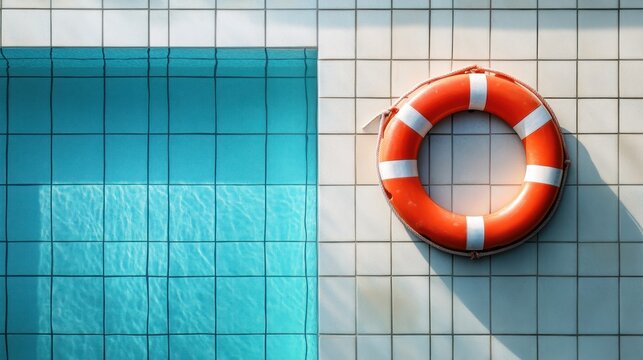 Poolside safety. A life preserver hangs above a turquoise pool
